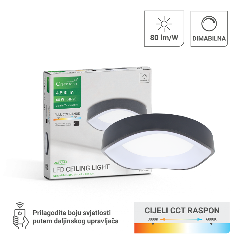 LED plafonjera 60W 3000-6000K dimabilna sa daljinskim GREEN TECH ASTRA-M - slika 3