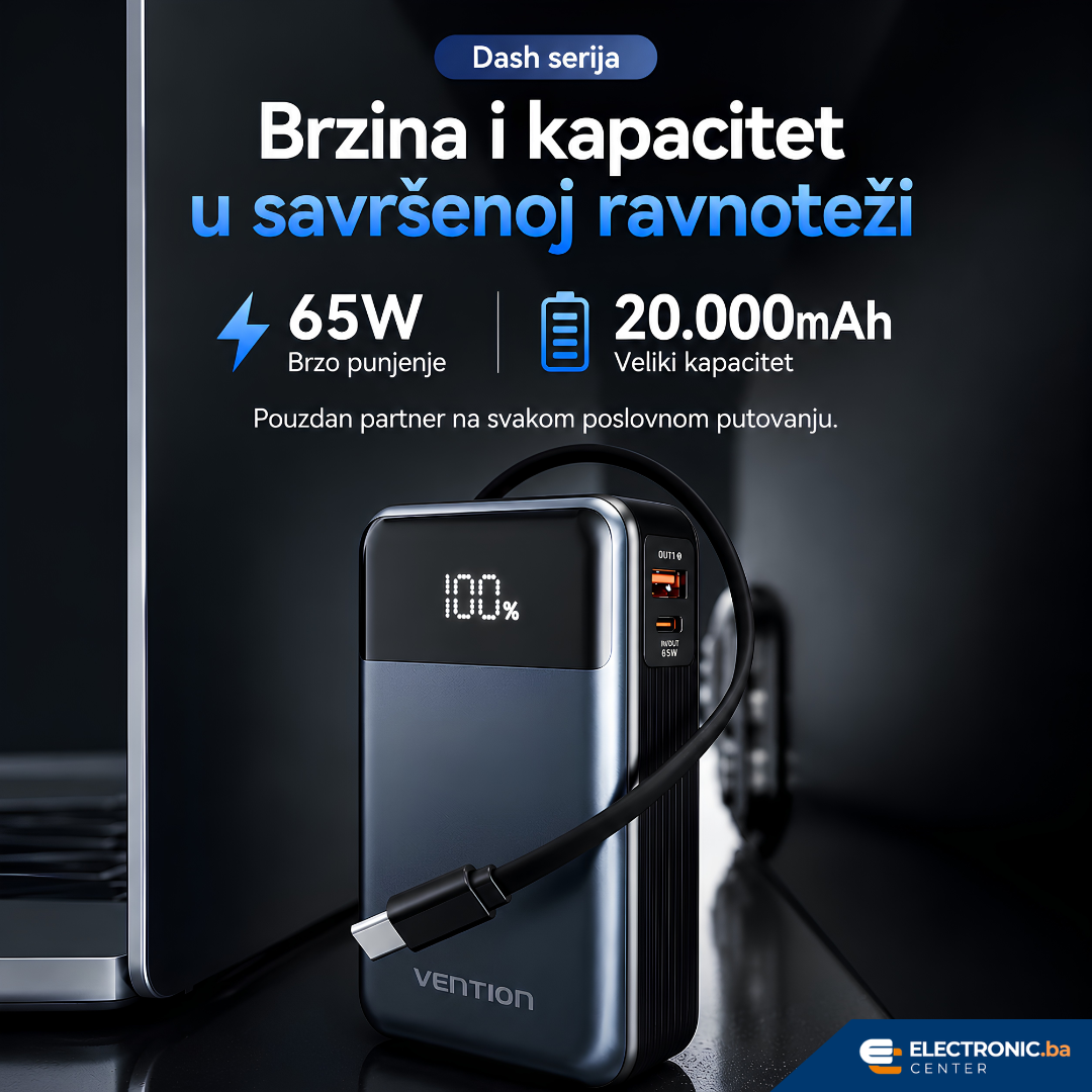 Moćni prijenosni punjač powerbank sa displejom i USB-C kablom 65W 20000mAh VENTION sivi - slika 2