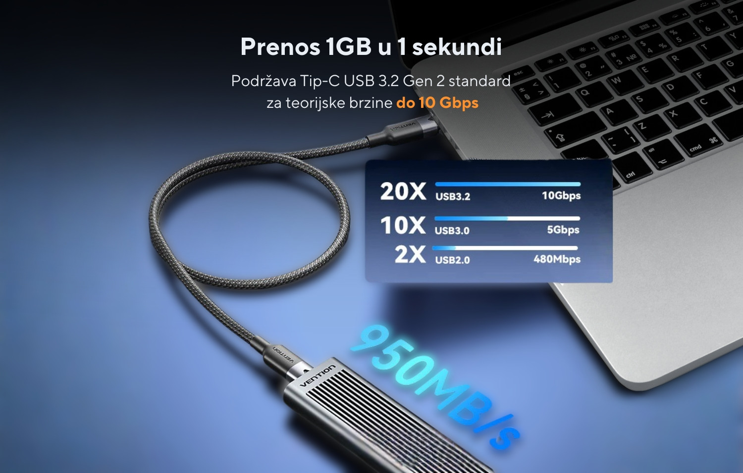 Kabal USB-C na USB-C 100W GEN2 3.2 VENTION 1m bijeli