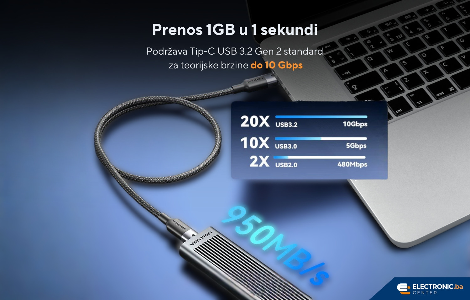 Kabal USB-C na USB-C 100W GEN2 3.2 VENTION 1m crni