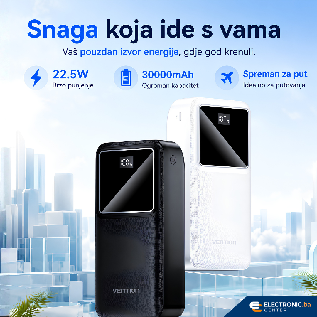 Snažni prijenosni punjač powerbank sa displejom 22.5W 30000mAh VENTION bijeli - slika 2