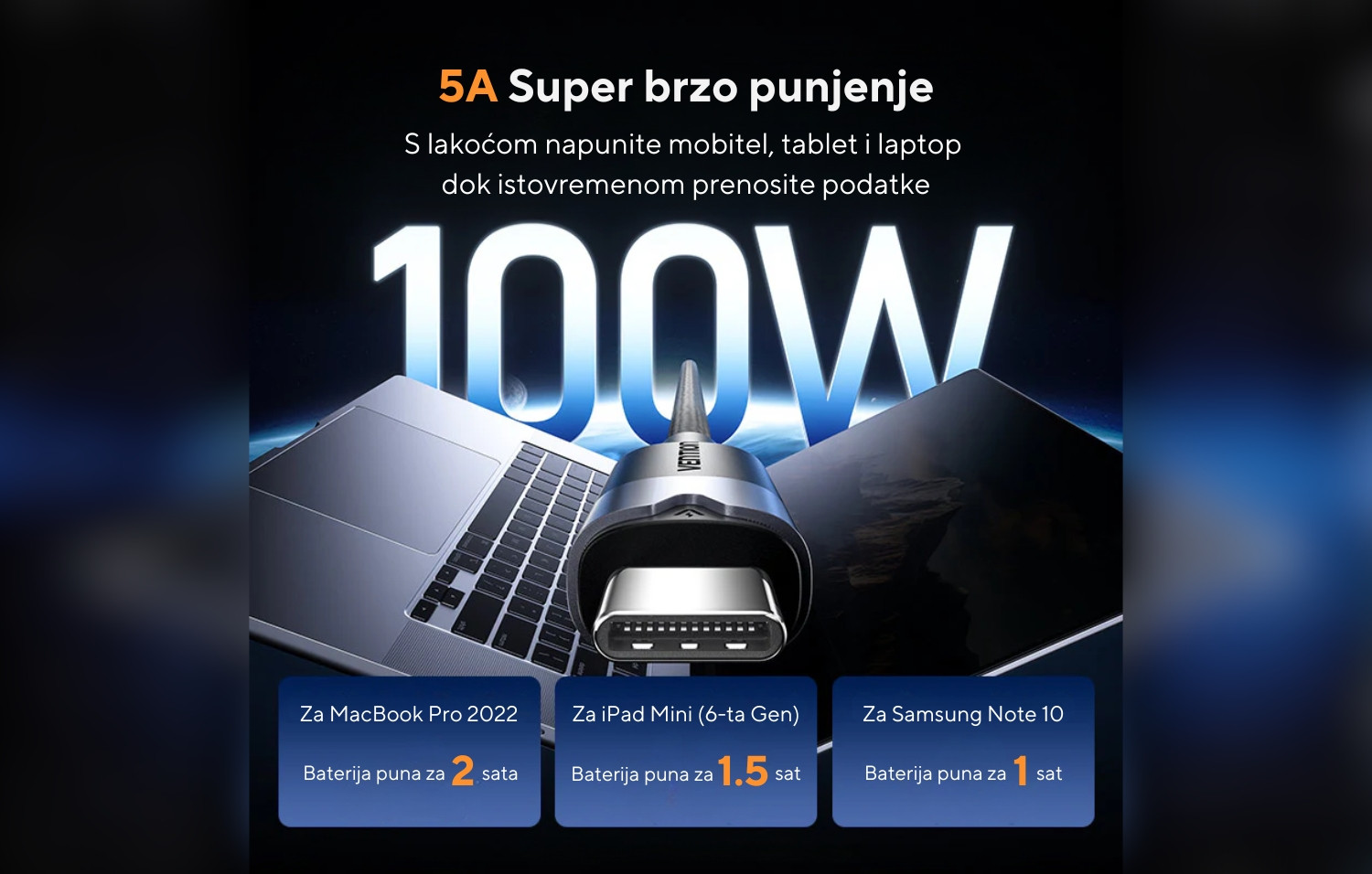 Kabal USB-C na USB-C 100W GEN2 3.2 VENTION 1m bijeli