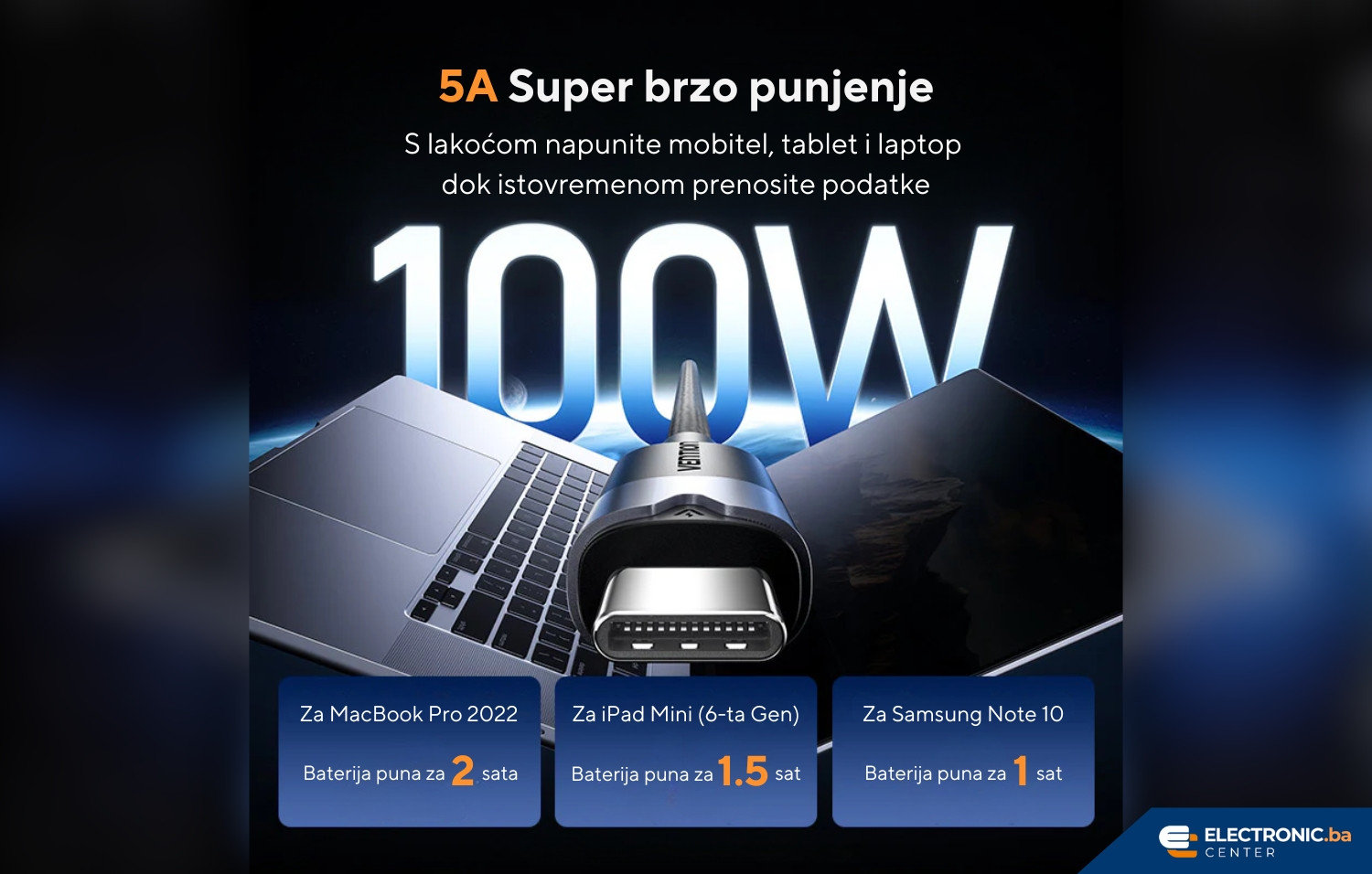 Kabal USB-C na USB-C 100W GEN2 3.2 VENTION 1m crni