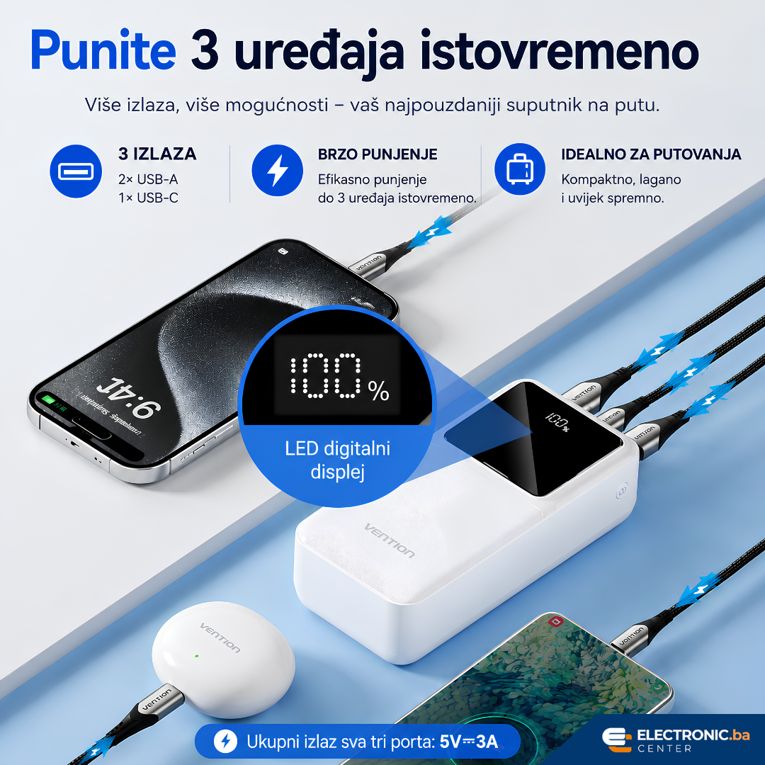 Snažni prijenosni punjač powerbank sa displejom 22.5W 30000mAh VENTION crni - slika 3