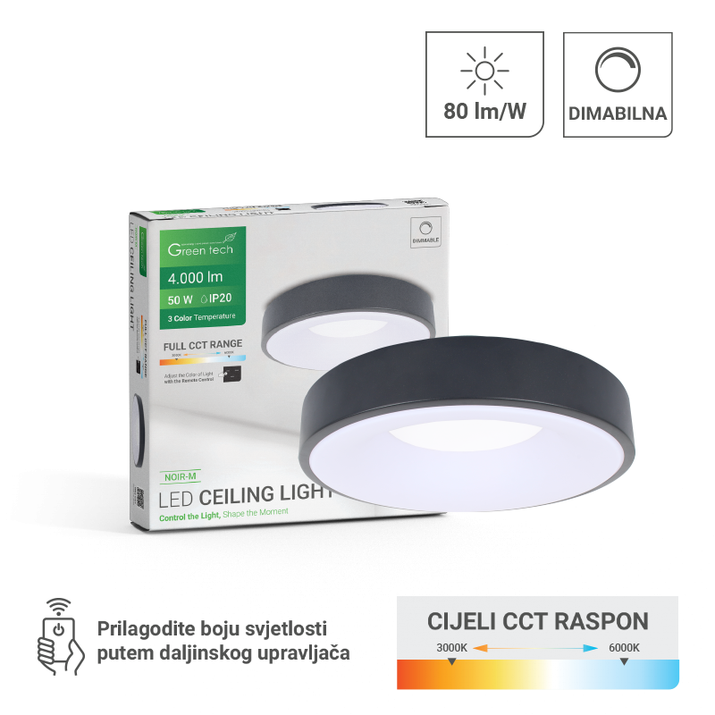 LED plafonjera 50W 3000-6000K dimabilna sa daljinskim GREEN TECH NOIR-M