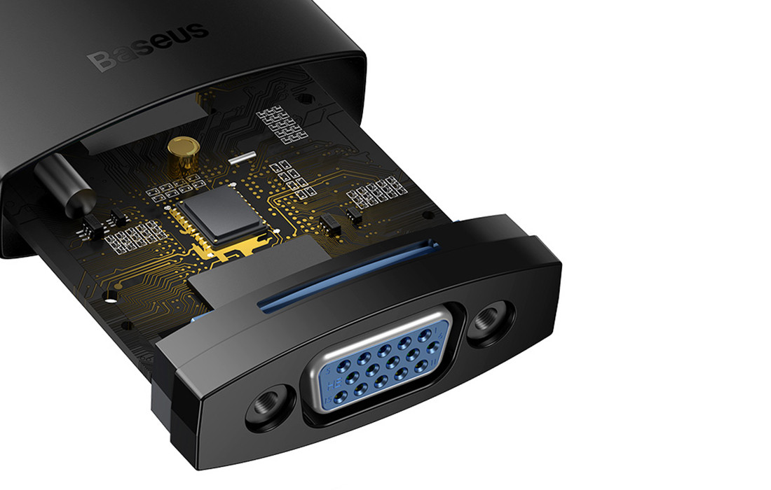 Adapter HDMI na VGA Baseus – prikaz unutrašnje elektronike i VGA konektora