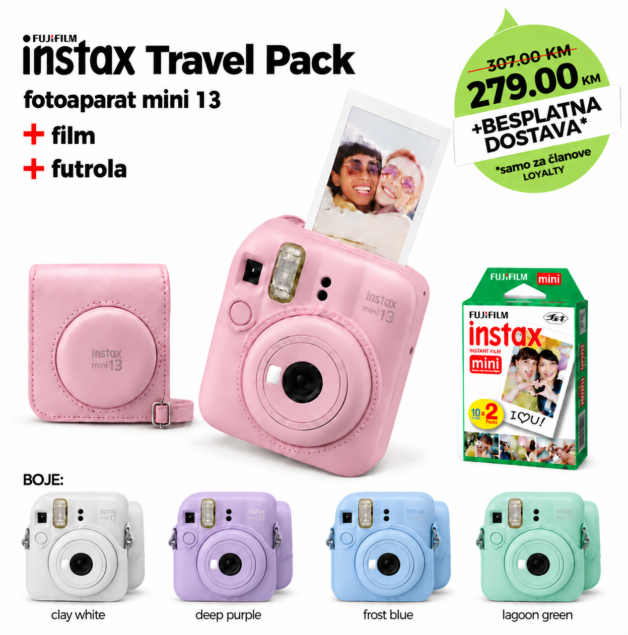 Fotoaparat Polaroid FUJIFILM INSTAX Mini 13  + film + futrola TRAVEL PACK