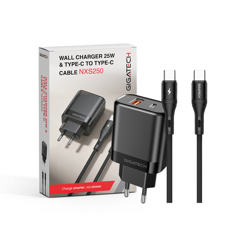 Punjač USB-A USB-C 25W sa USB-C kablom 1m GIGATECH crni