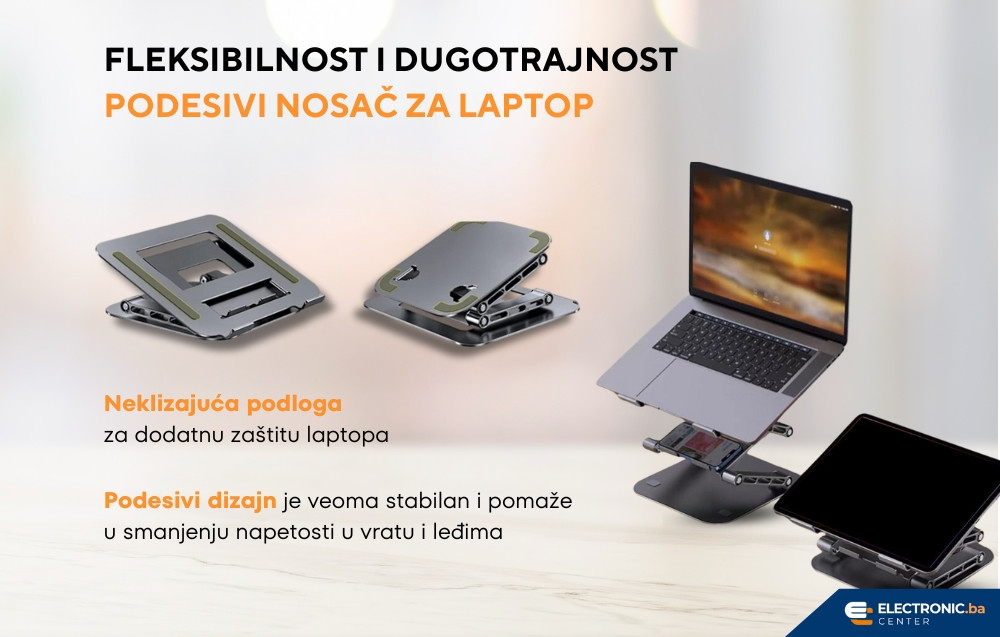 Podesivi nosač za laptop sa držačem za tablet i telefon