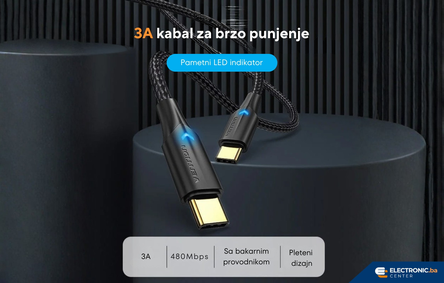 Kabal USB-C na USB-C 100W sa LED indikatorom VENTION 0.5m