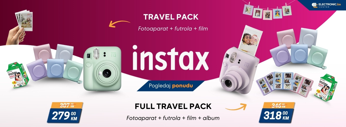  Instax travel pack - fotoaparatom, futrolom, filmom i albumom na bijelo-rozoj pozadini 