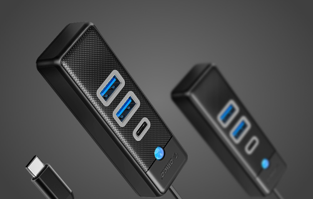 OTG USB-C HUB ORICO PWC2U-C3 sa istaknutim plavim LED indikatorom i kablom