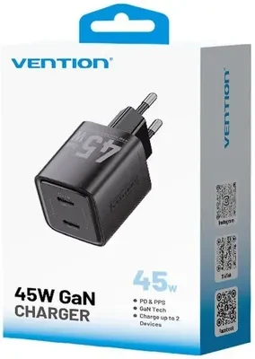 Punjač 2xUSB-C 45W VENTION crni