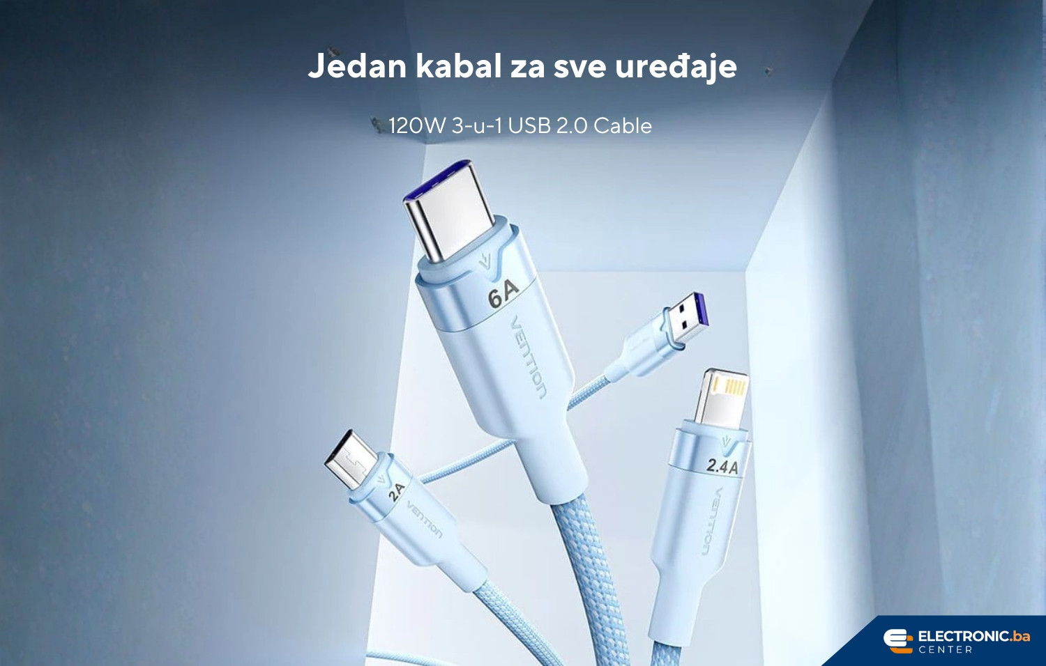 Kabal USB-A na USB-C Lightning Micro 3u1 120W VENTION 1.5 bijeli