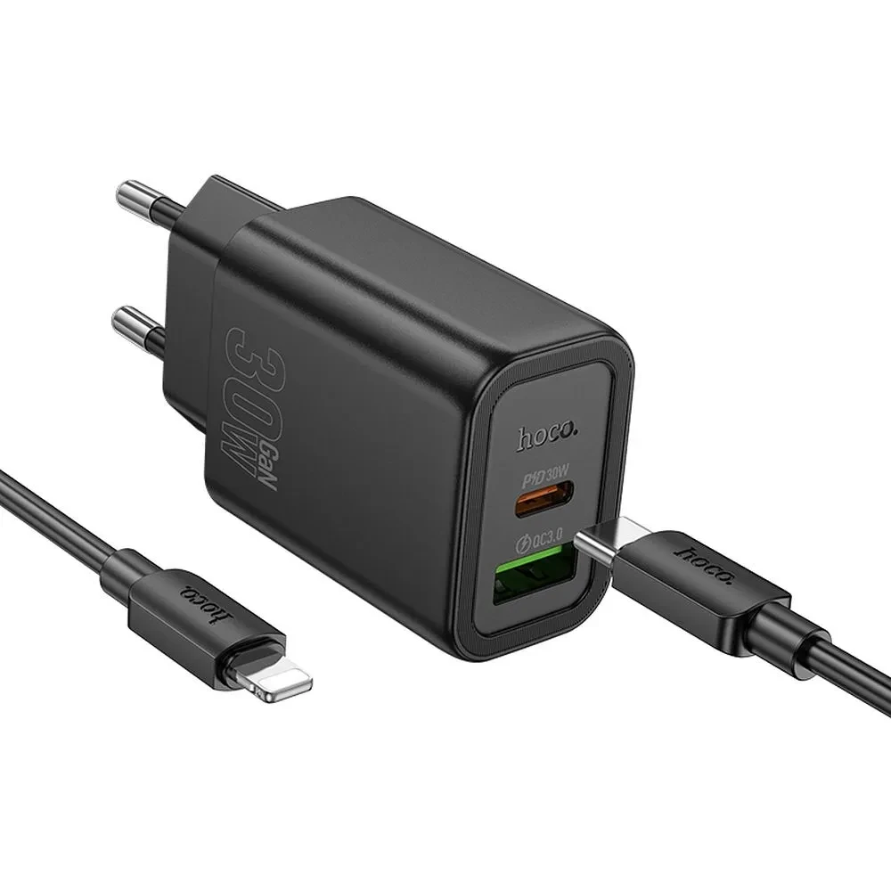 Punjač USB-A USB-C 30W sa Lightning kablom HOCO N63 1m crni