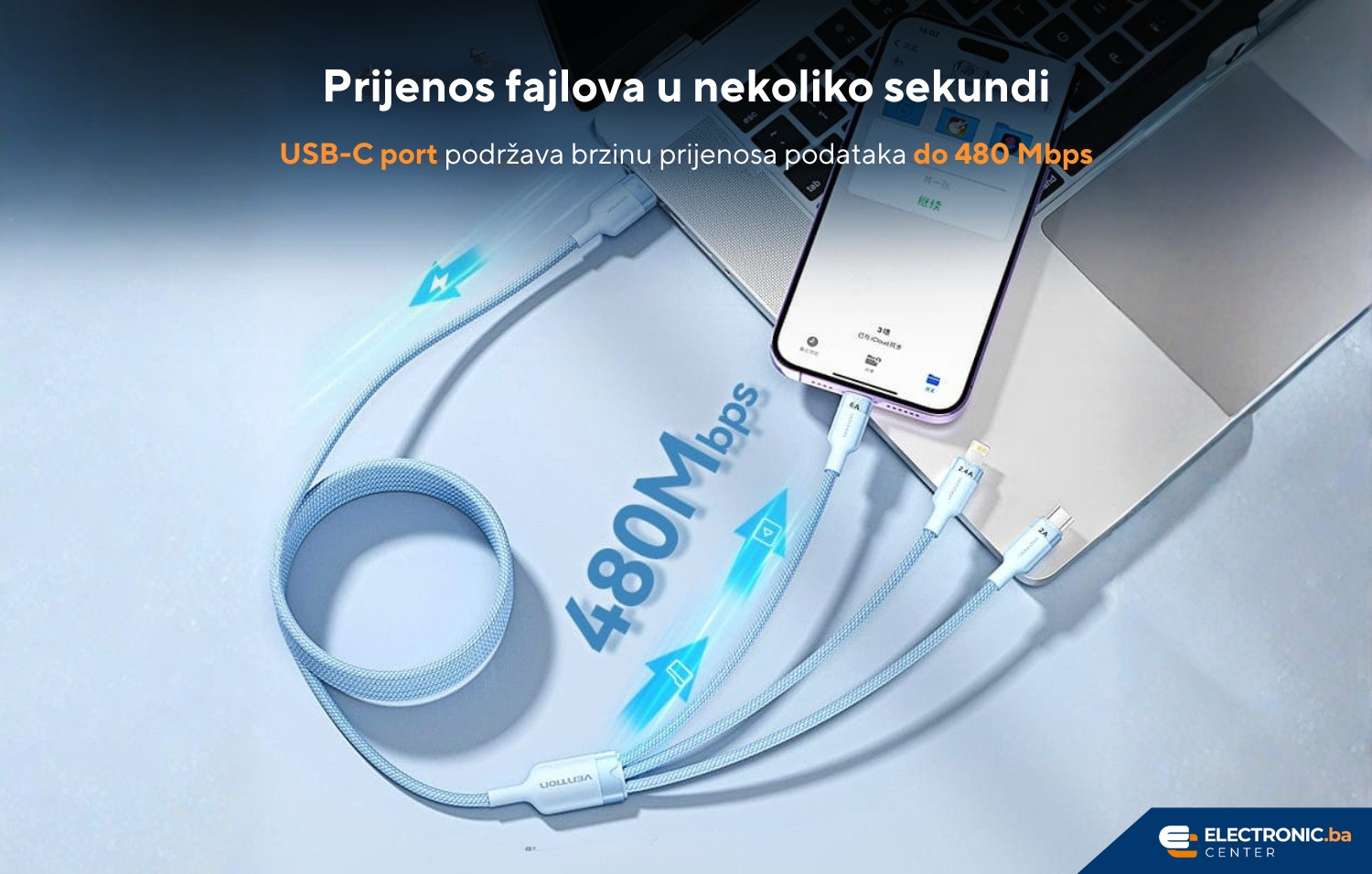 Kabal USB-A na USB-C Lightning Micro 3u1 120W VENTION 1.5 bijeli