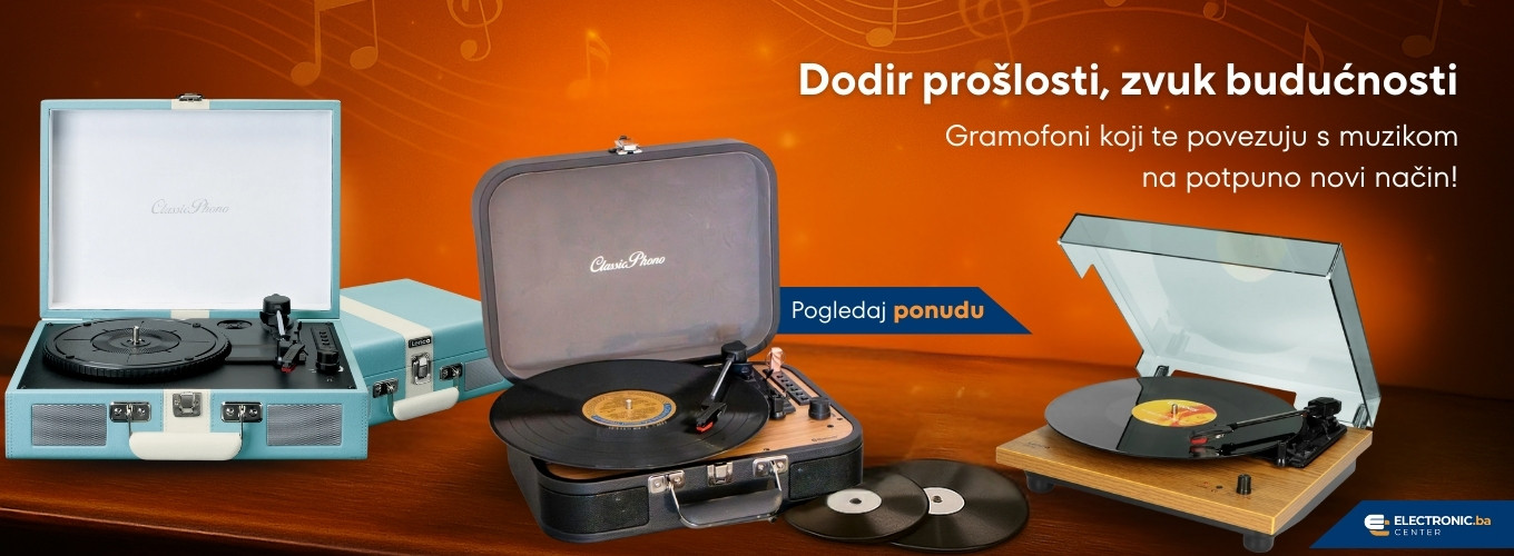  Tri gramofona – retro kofer dizajn i drveni model s pločama, na pozadini s muzičkim notama. 