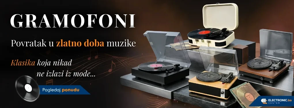  Tri gramofona – retro kofer dizajn i drveni model s pločama, na pozadini s muzičkim notama. 