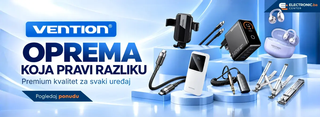 Vention kablovi, punjači, auto oprema i stalci za laptop na reklamnom baneru Electronic Center shopa za premium kvalitet.