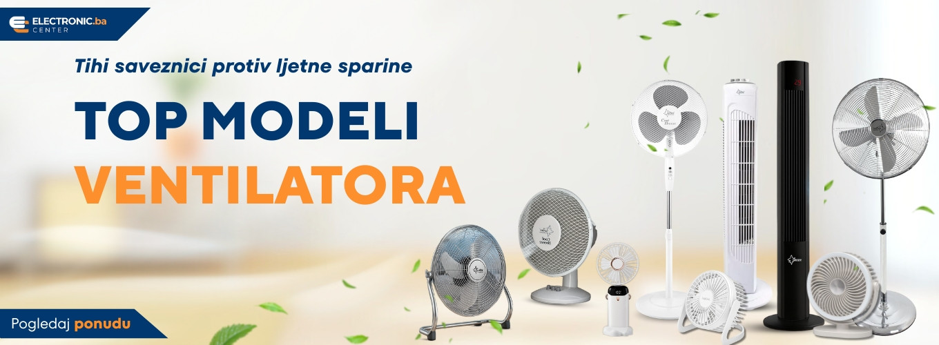  Ventilatori različitih vrsta – stupni, podni, stolni i ručni, prikazani kako rade na bijeloj pozadini. 