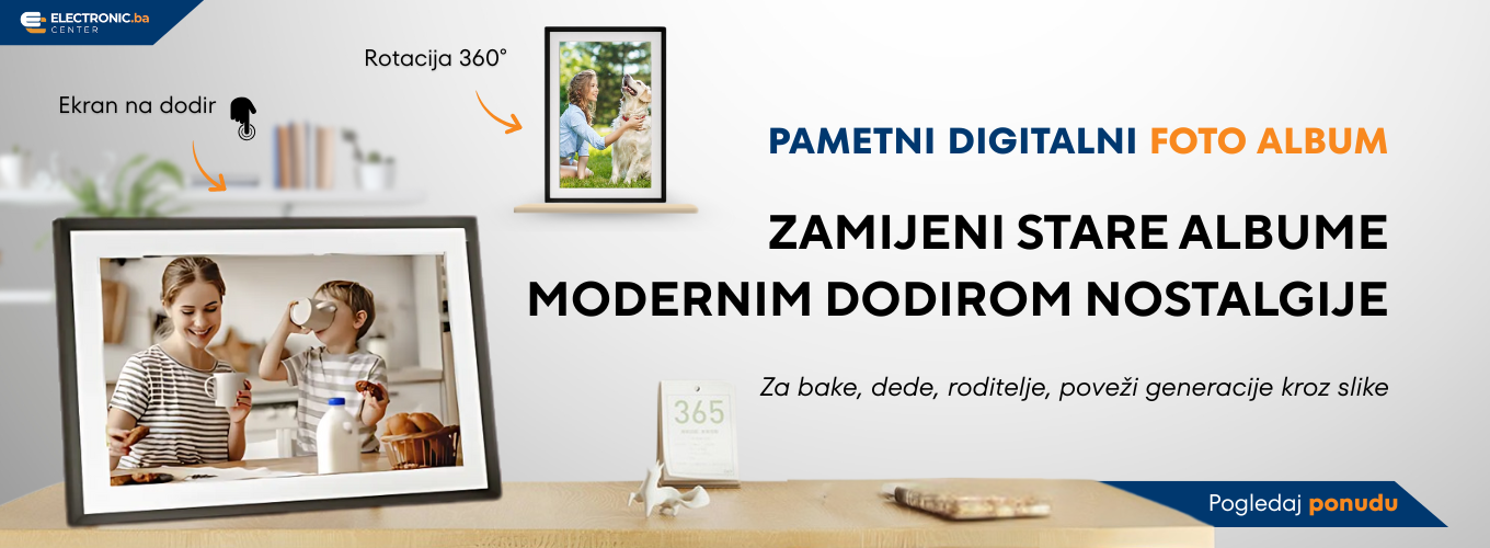  Digitalni foto album ARZOPA 10.1'' prikazan na komodi sa porodičnim fotografijama. 