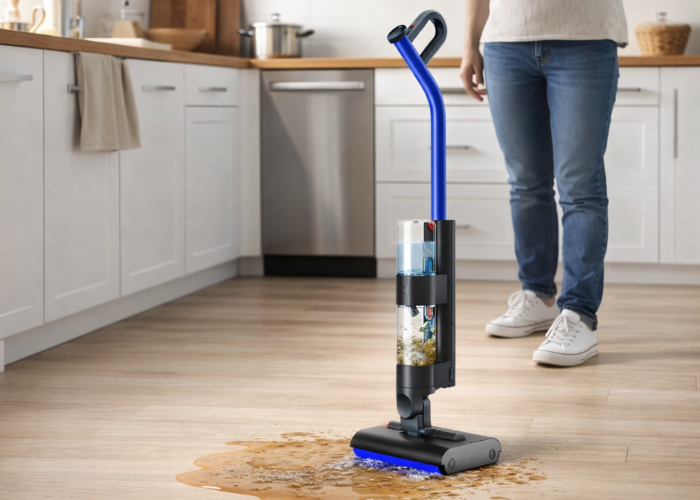 Uspravni električni mop–usisivač pere i usisava prosutu tečnost na kuhinjskom podu