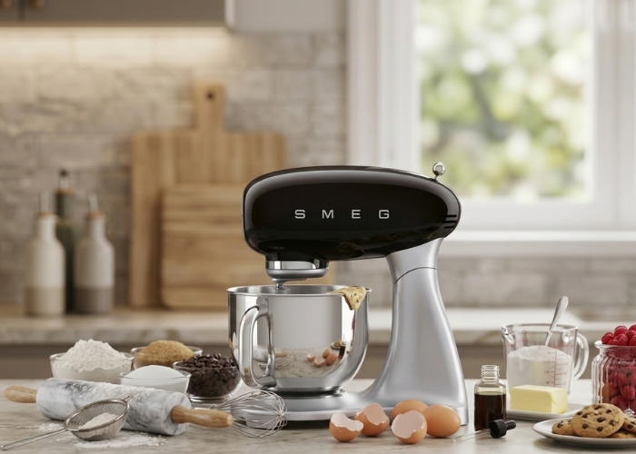 Crni Smeg kuhinjski robot u retro stilu na mramornoj radnoj ploči u modernoj kuhinji.