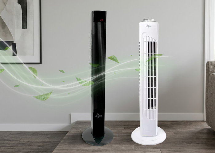 Crni i bijeli stupni ventilator s grafičkim prikazom svježeg protoka zraka i zelenih listića u prostoriji.