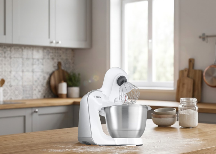 Bijeli Bosch MUM kuhinjski robot s metalnom zdjelom i metlicom na drvenoj radnoj ploči u kuhinji.