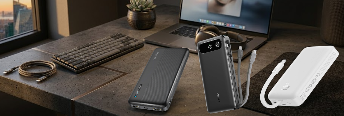 Dva crna i jedan bijeli prenosivi punjač (power bank) na modernom stolu s laptopom i tastaturom