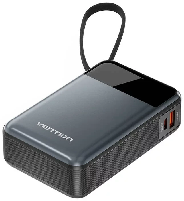 Moćni prijenosni punjač powerbank sa displejom i USB-C kablom 65W 20000mAh VENTION sivi - slika 2