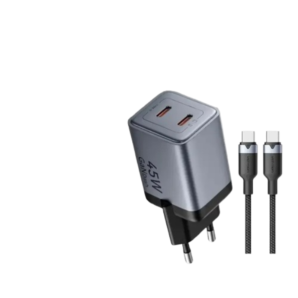 Punjač 2x USB-C 45W sa USB-C kablom 1m VENTION sivi
