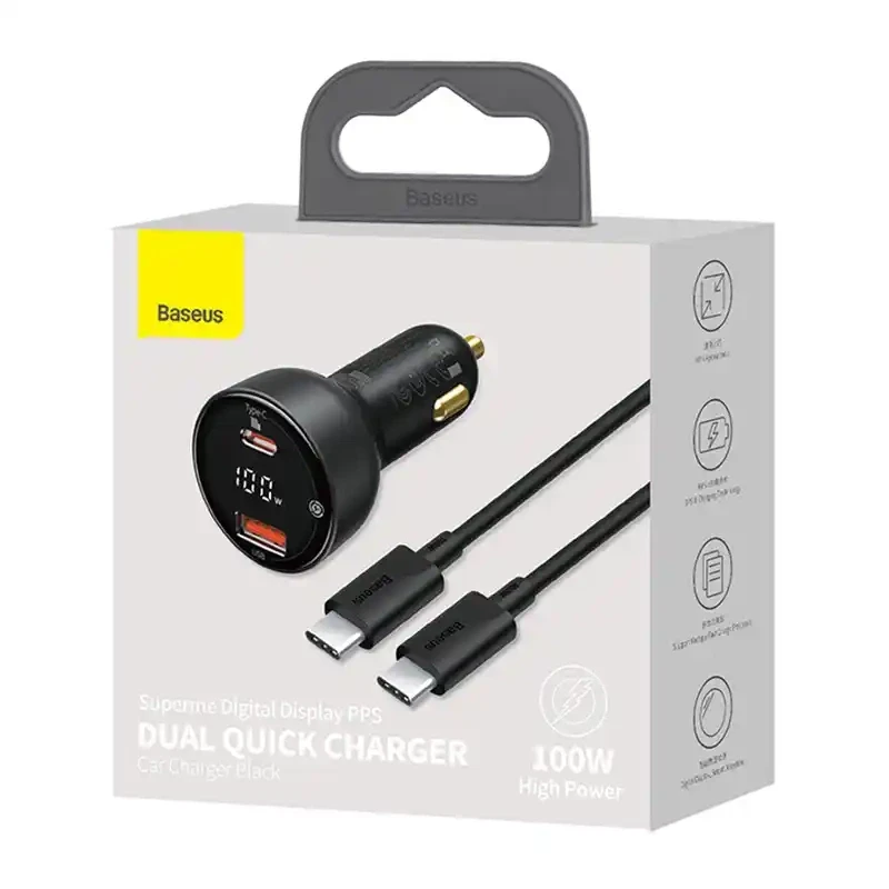 Auto punjač sa displejom i USB-C kablom 100W BASEUS Supreme