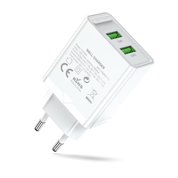 Punjač 2xUSB-A 18W VENTION bijeli