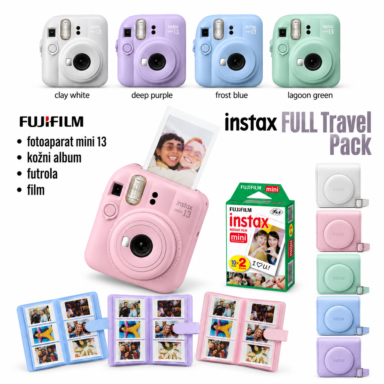Fotoaparat Polaroid FUJIFILM INSTAX Mini 13 + film + futrola + album FULL TRAVEL PACK