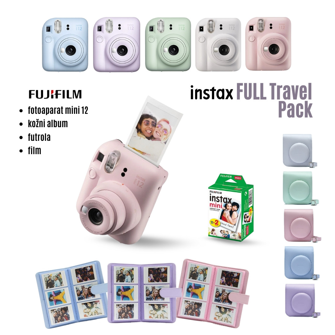 Fotoaparat Polaroid FUJIFILM INSTAX Mini 12 + film + futrola + album FULL TRAVEL PACK