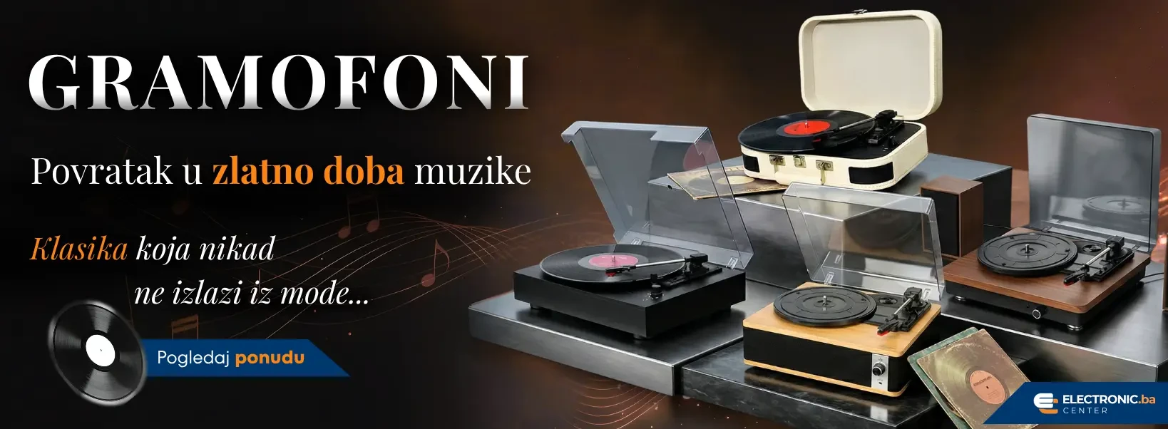  Tri gramofona – retro kofer dizajn i drveni model s pločama, na pozadini s muzičkim notama. 