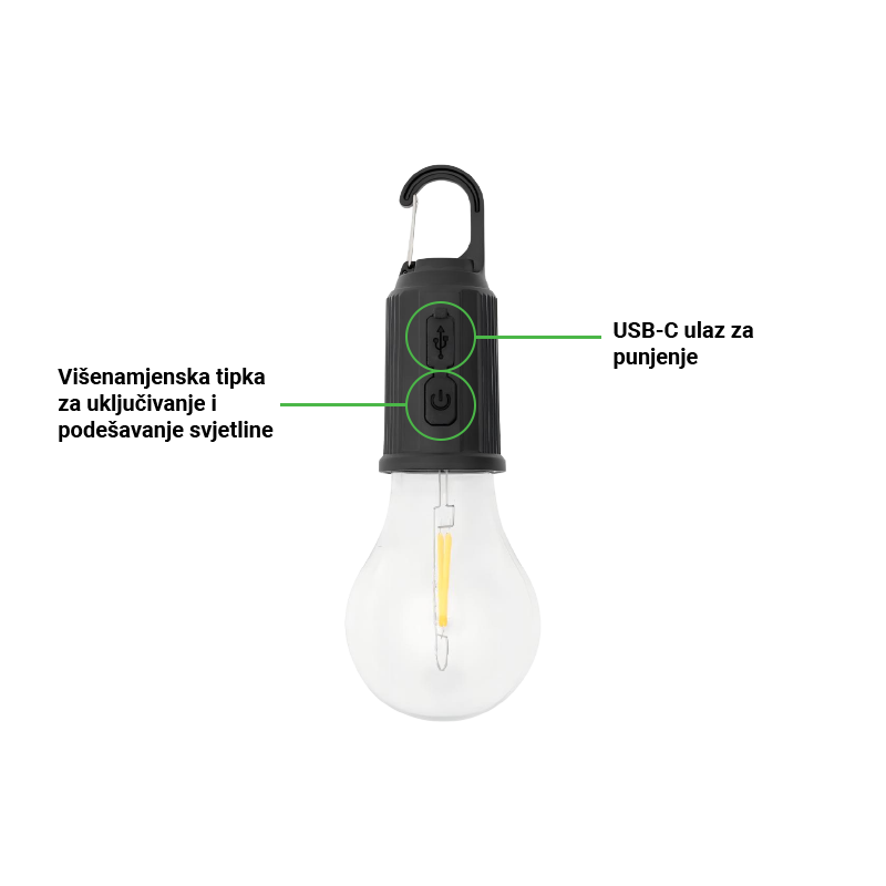 Punjiva LED sijalica za kampovanje 3W 3000K 100Lm GREEN TECH LFB-6000