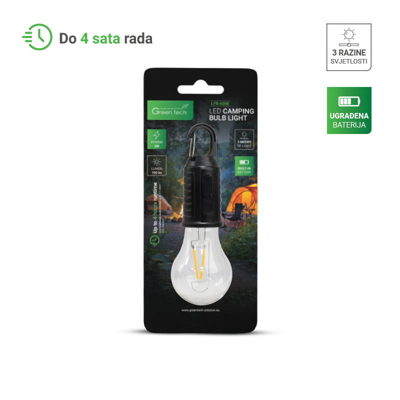 Punjiva LED sijalica za kampovanje 3W 3000K 100Lm GREEN TECH LFB-6000