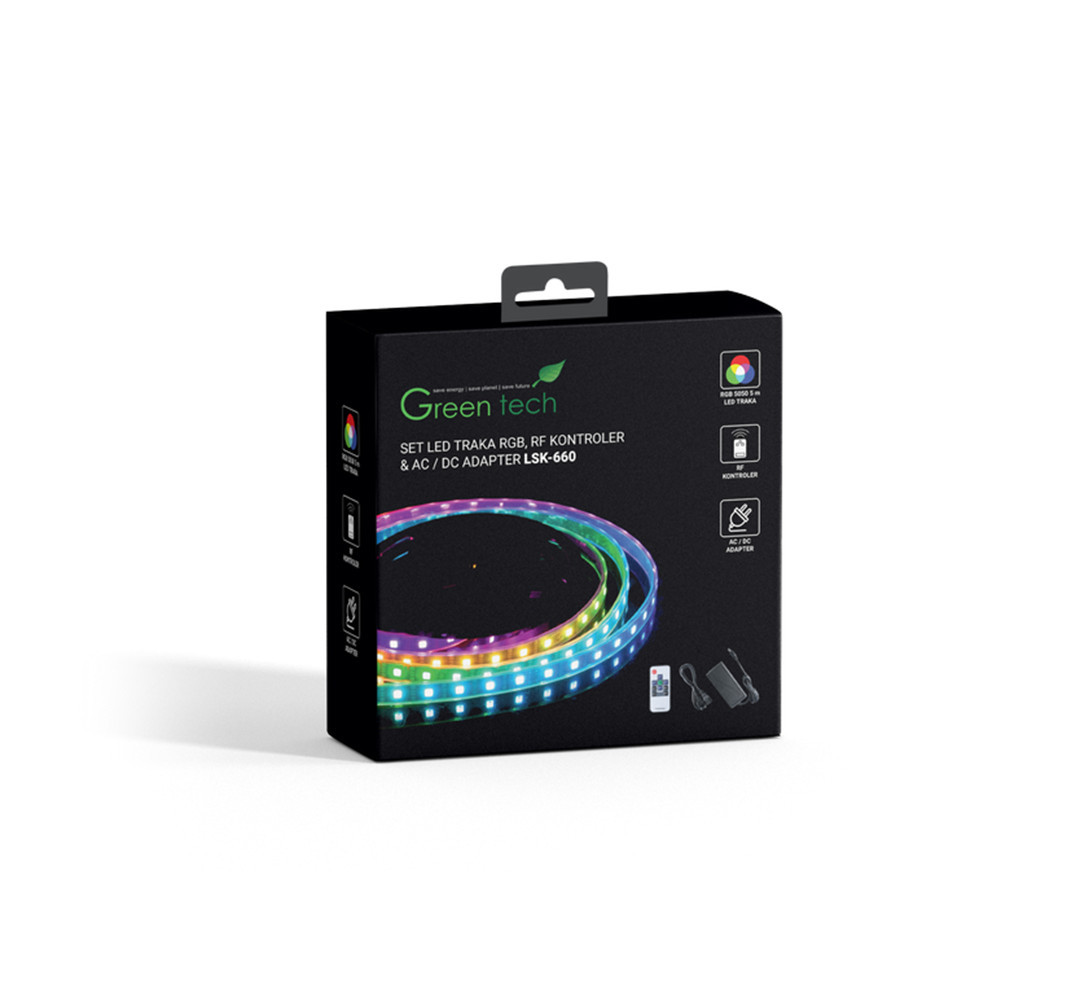 LED traka sa adapterom i kontrolerom 5m RGB 14.4W/M GREEN TECH