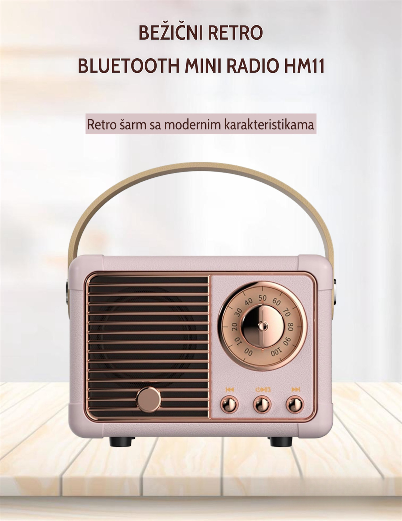 Bežični retro bluetooth mini radio HM11 rozi