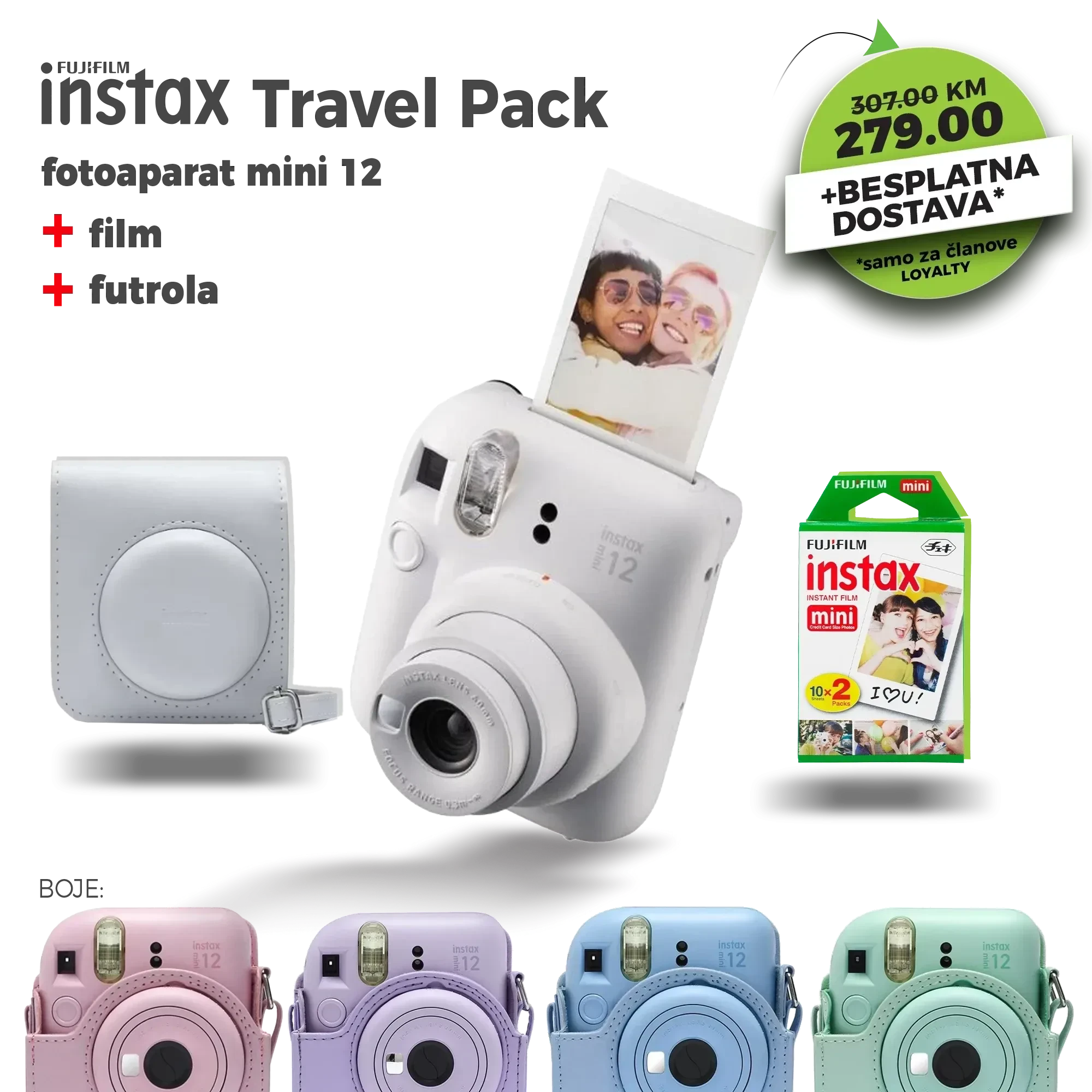 Fotoaparat Polaroid FUJIFILM INSTAX Mini 12  + film + futrola TRAVEL PACK