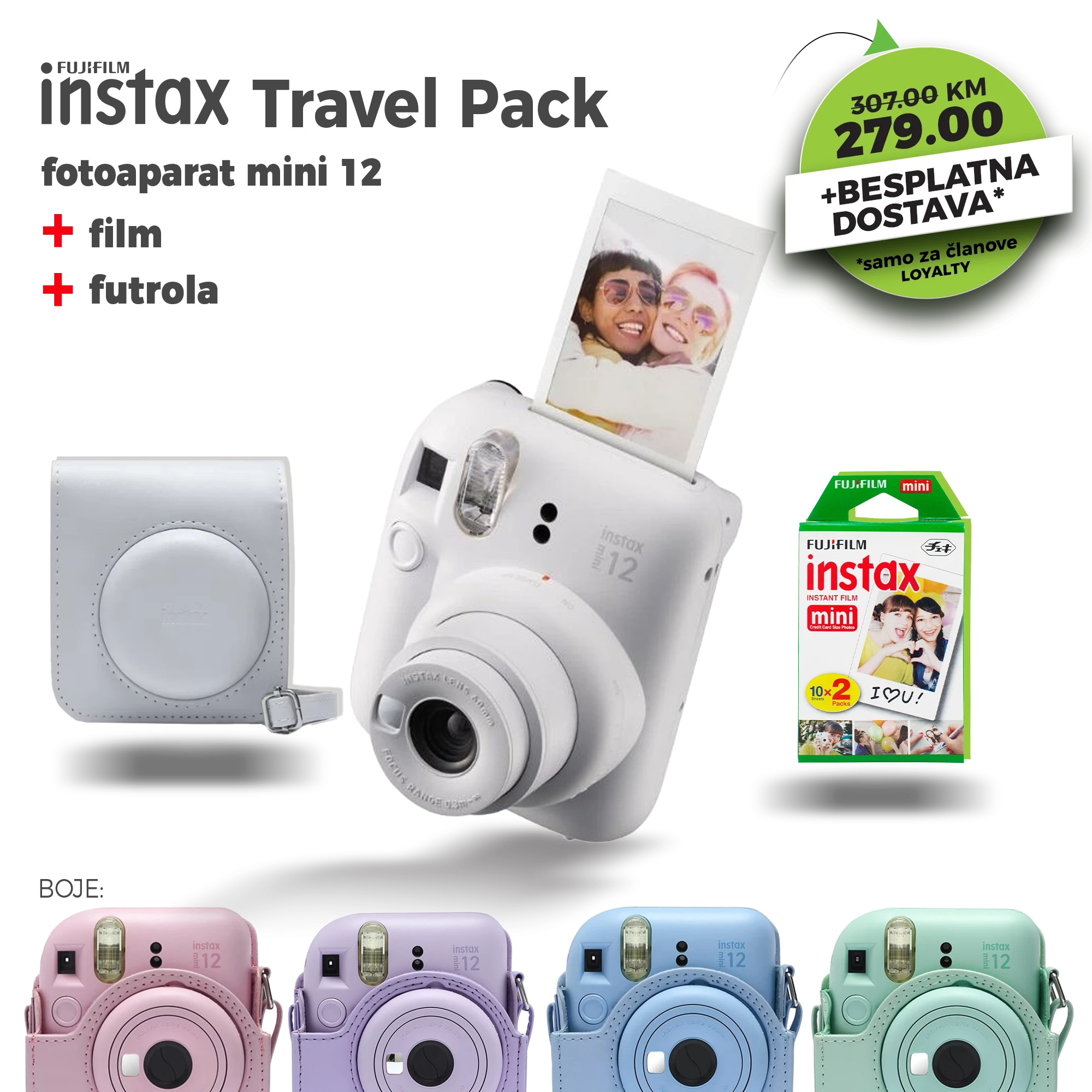 Fotoaparat Polaroid FUJIFILM INSTAX Mini 12  + film + futrola TRAVEL PACK