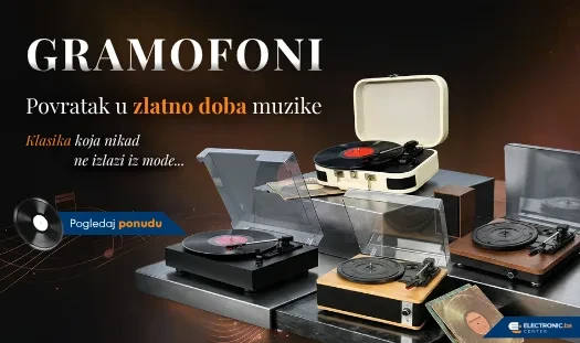  Tri gramofona – retro kofer dizajn i drveni model s pločama, na pozadini s muzičkim notama. 