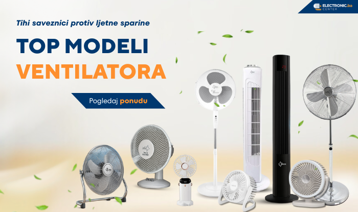  Ventilatori različitih vrsta – stupni, podni, stolni i ručni, prikazani kako rade na bijeloj pozadini. 