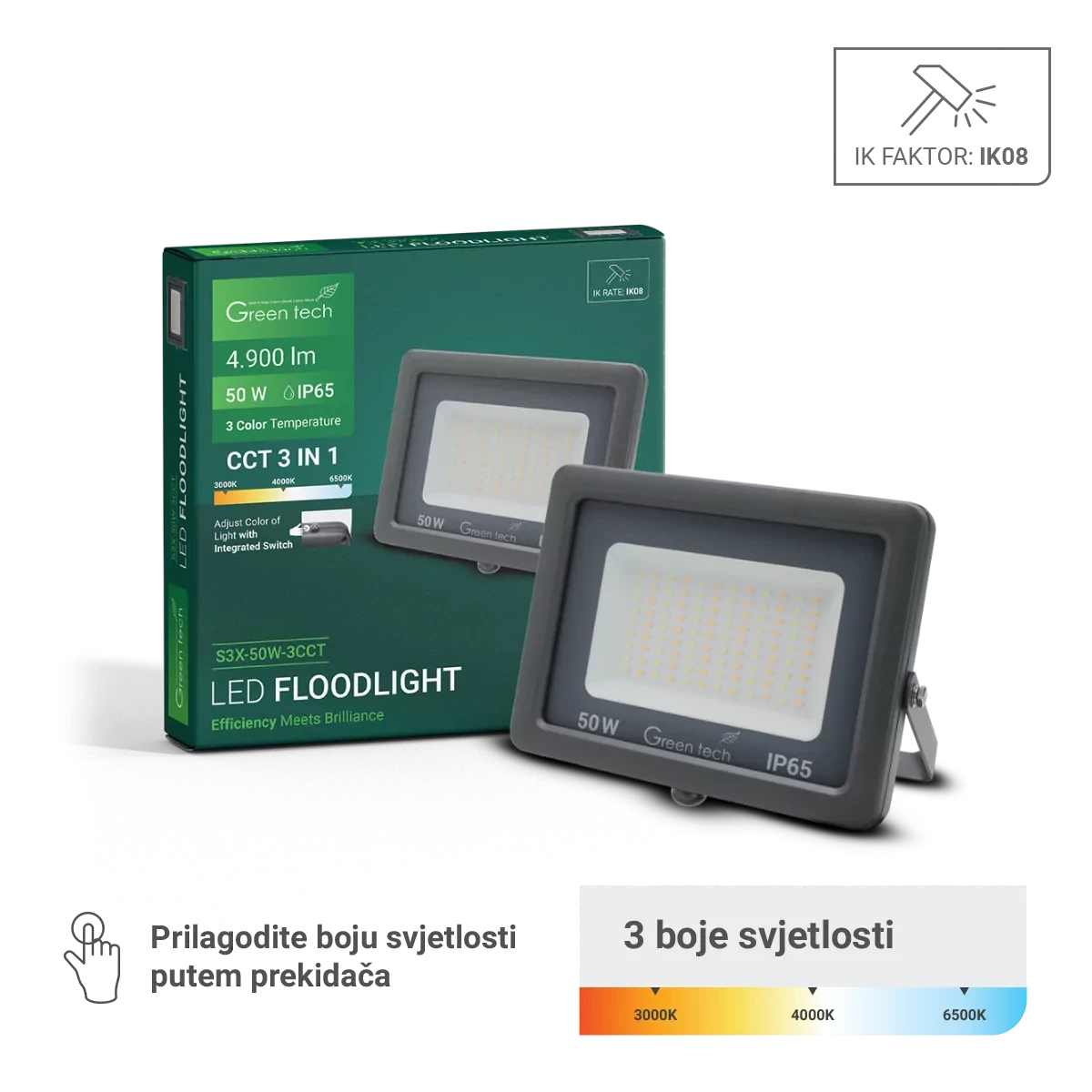 LED reflektor 50W sa tri temperature svijetlosti IP65 GREEN TECH S3X-50W-3CCT