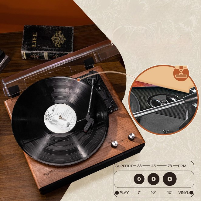 Retro drveni gramofon sa integrisanim zvučnicima i poklopcem FLS06