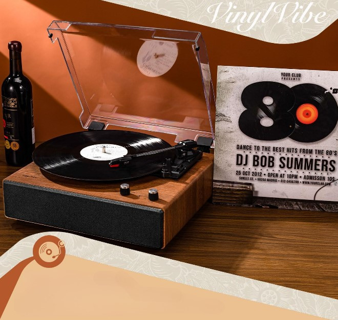 Retro drveni gramofon sa integrisanim zvučnicima i poklopcem FLS06