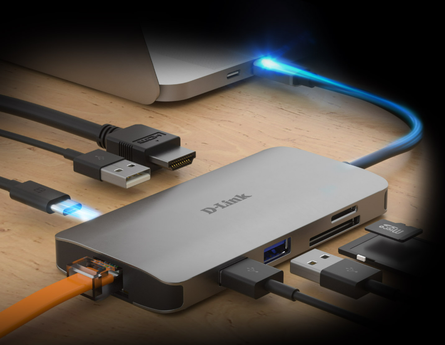 Multiport D-LINK DUB-M810 8u1 sa priključenim HDMI, LAN i USB kablovima