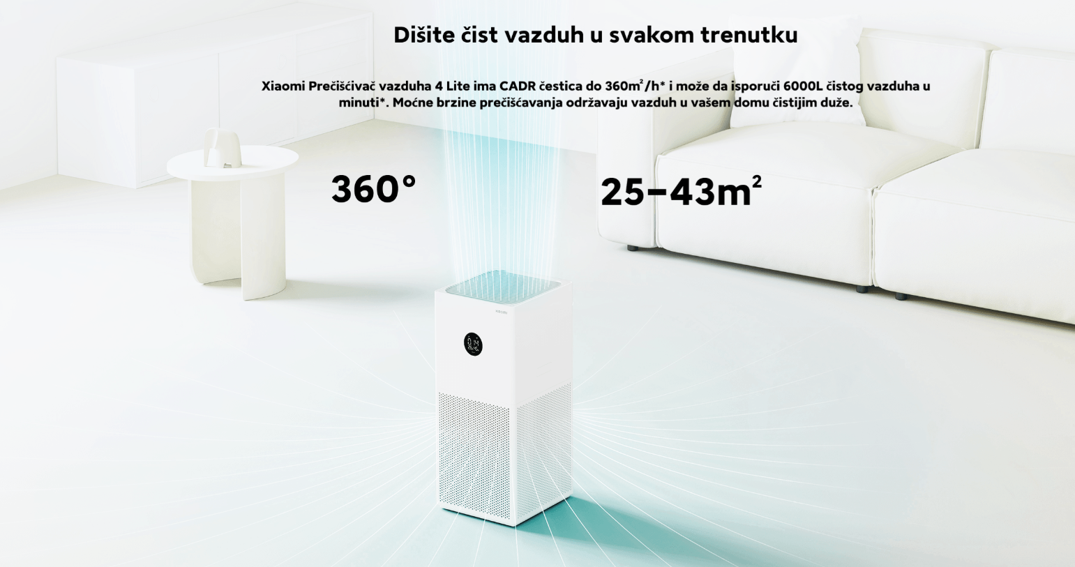 Pročiščivač zraka XIAOMI MI 4 LITE, 360 stepeni, 25 - 43 metara kvadratni